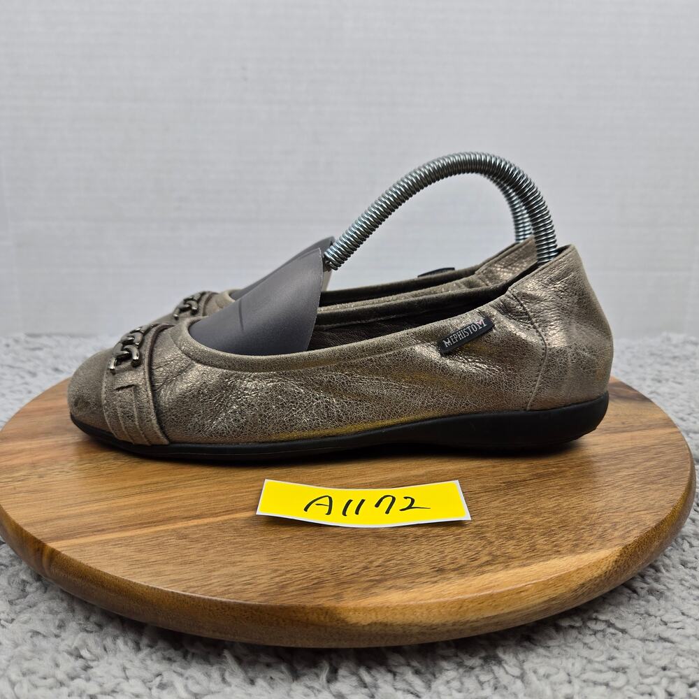 Mephisto Womens 7.5 Allison Pewter Metallic Leather Casual Lifestyle Ballet Flat